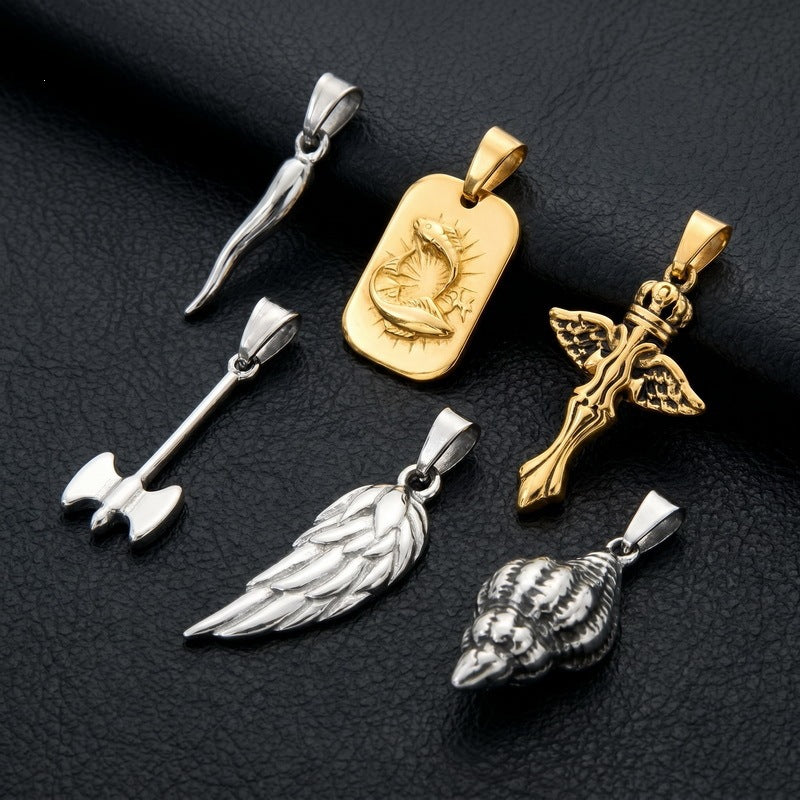 Niche Many Elements Myth Pendant Tower Conch Trident Feather Stainless Steel Men's Pendant Necklace