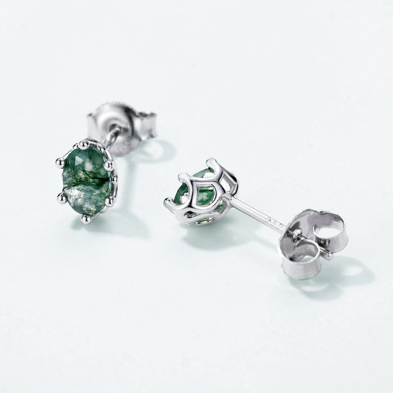 S925 Sterling Silver Moss Agate Oval Stud Earrings