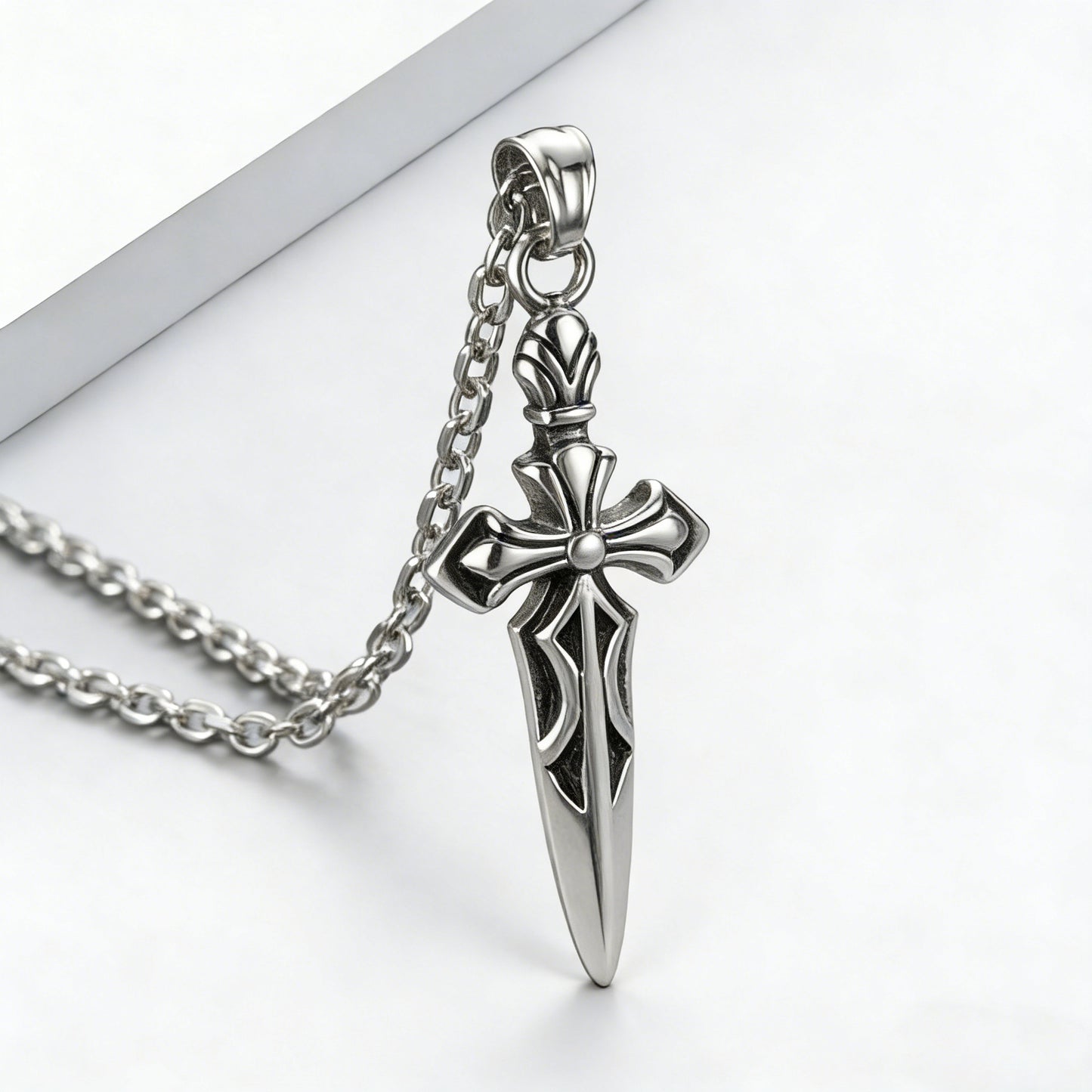 Planderful Personalized Retro Epee Cross Pendant Necklace For Men Steel Bold Gift Ready