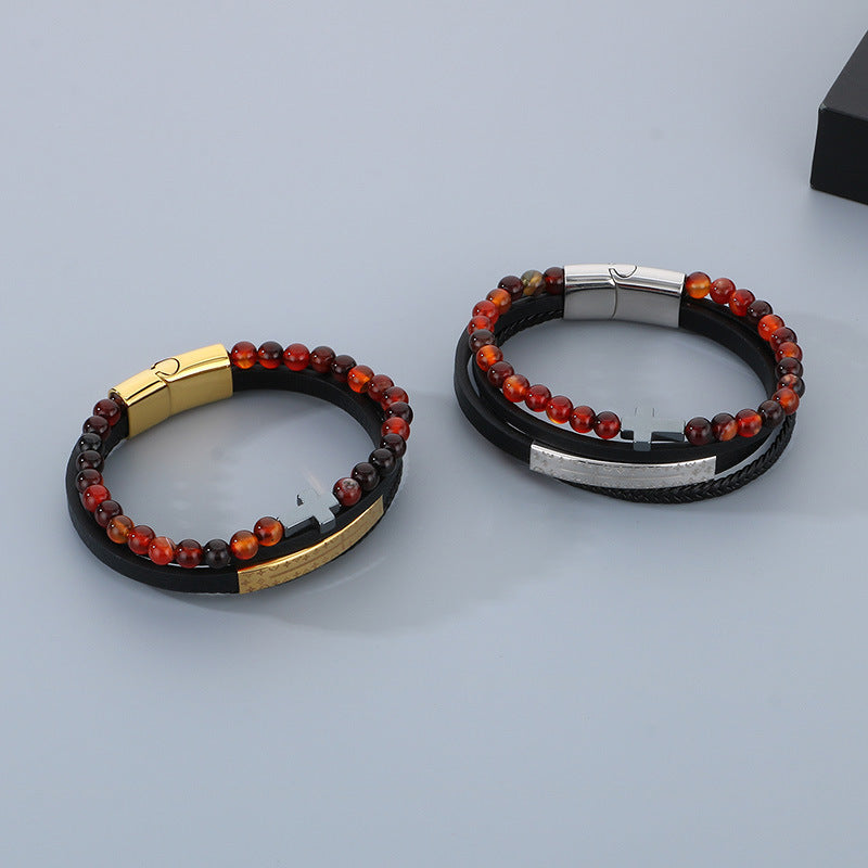 Planderful Men's Titanium Steel Cross Braided Rope Bracelet