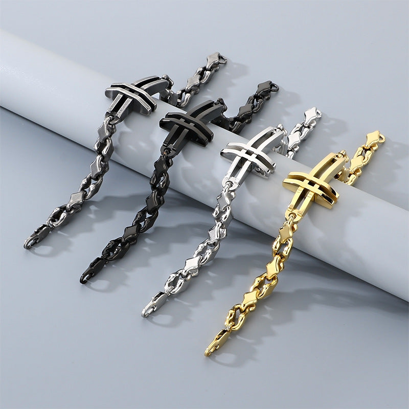 Hip-Hop Hand-Spliced – Niche Double-Layer Hollow Cross Rhombus Chain – Titanium Steel Bracelet