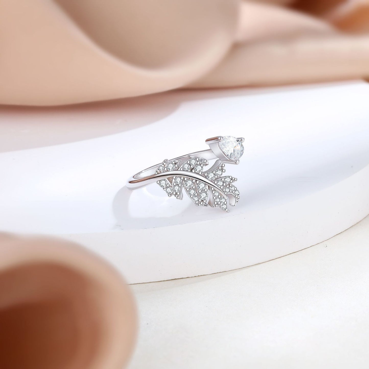 Pear Shape Zircon Feather Opening Sterling Silver Ring