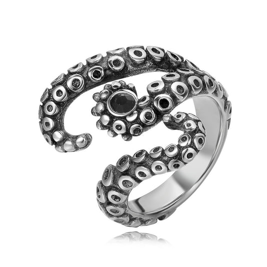 Retro Octopus Men's Titanium Steel Ring with Zircon