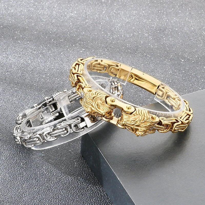 Oxidized Lion Head Emperor Chain Titanium Steel Men's Bracelet