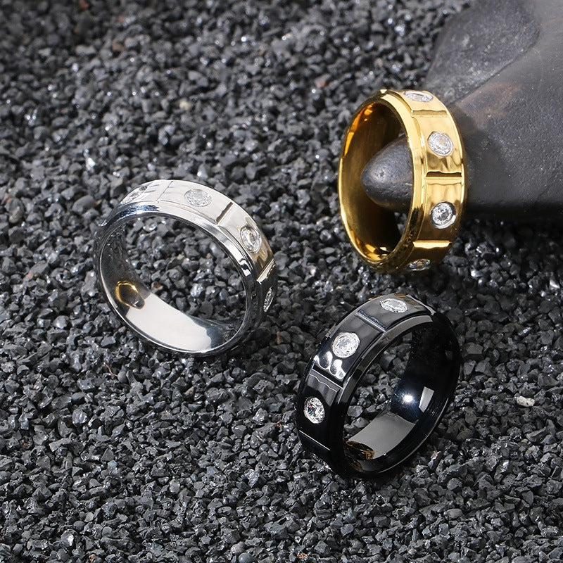 Planderful Mens Titanium Steel Ring Zircon 8mm Hip Hop