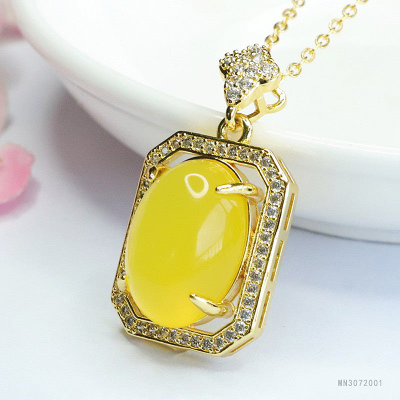 Yellow Chalcedony Oval Plaque Pendant — No Chain
