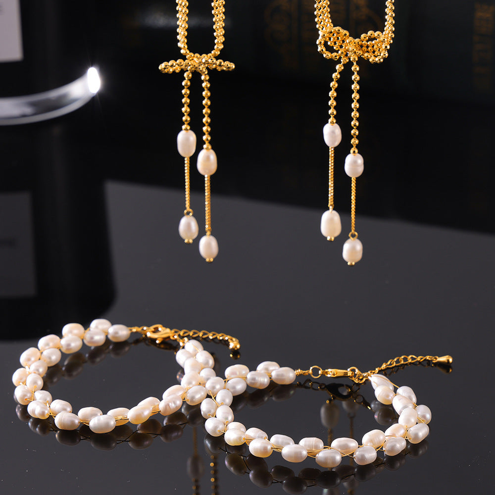 Elegant Multi-Layer Freshwater Pearl and Copper Jewelry Set