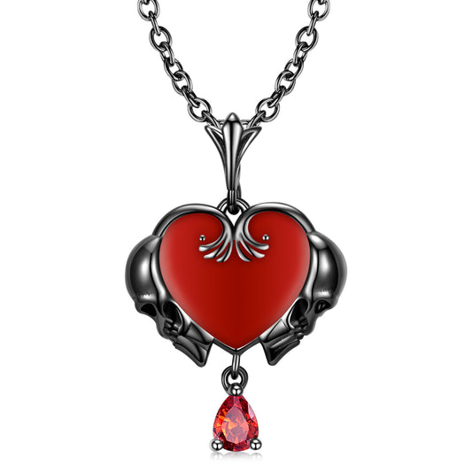 Halloween Heart Shape Skull with Pear Shape Red Zircon Silver Necklace