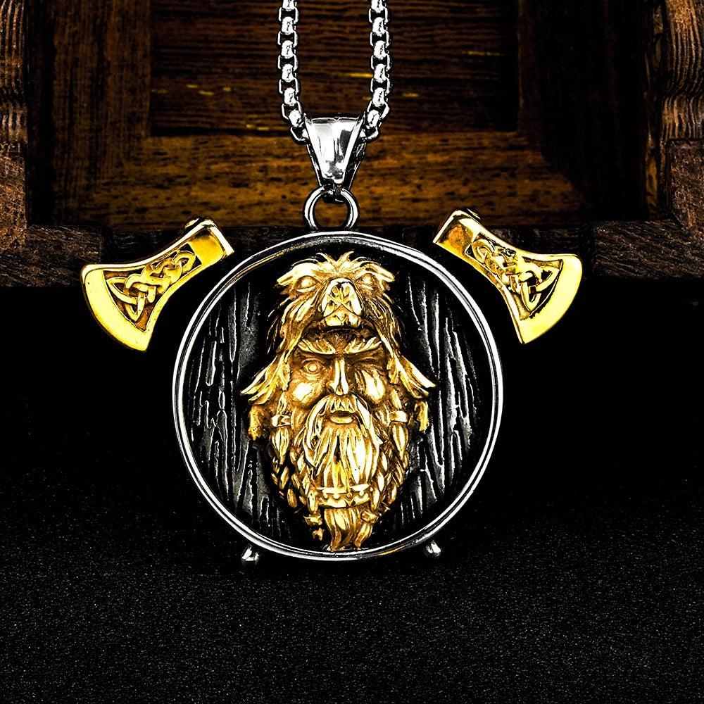 European and American Jewelry Wholesale Head Titanium Steel Men's Pendant Vintage Viking Odin Axe Necklace