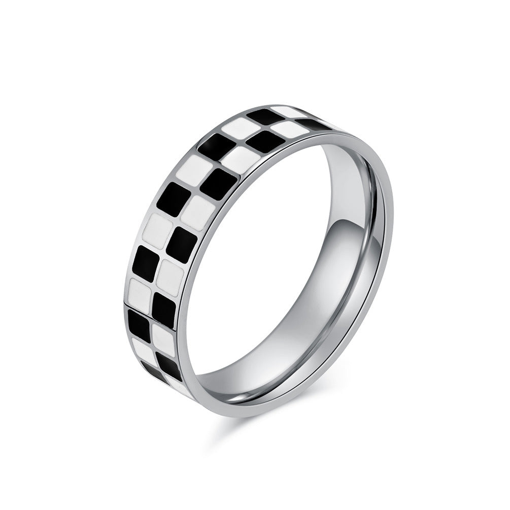 Light Luxury Black and White Grid Titanium Steel Ring