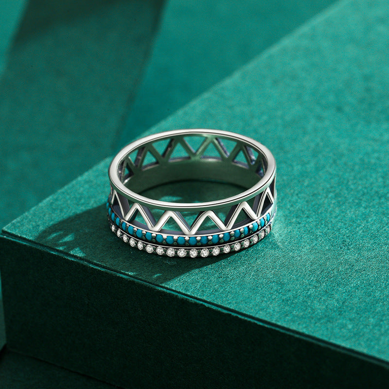 Vintage Geometric Silver Ring with Turquoise Inlay - Women's Sterling Silver Jewelry