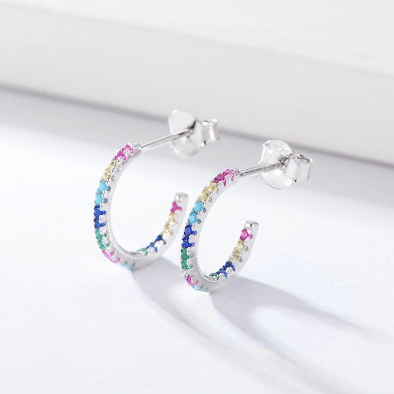S925 Sterling Silver Slightly Inlaid Colored Zircon C-Shaped Earrings,