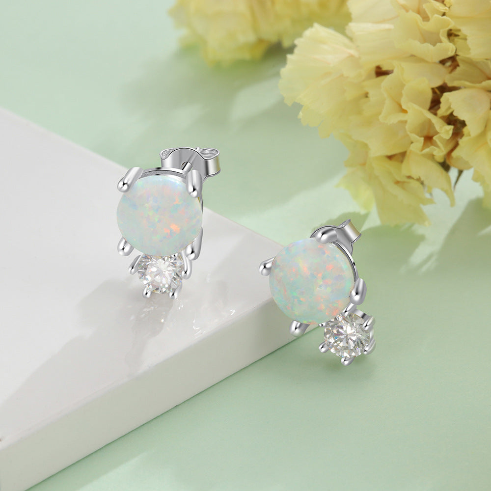Planderful Jewelry Opal Stud Earrings Sterling Silver With Zircon Accents Elegant Light Luxury