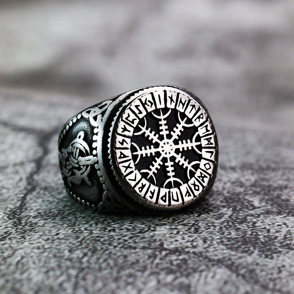European And American Jewelry Wholesale Men's Titanium Steel Ring Viking Snowflake Compass Rune