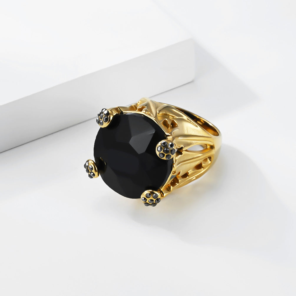 Stainless Steel Gold-Plated Zircon Ring Women's Large Gemstone