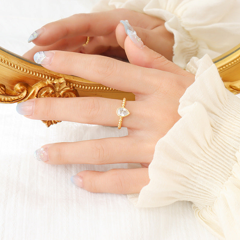 Brass Open Ring with Water Drop Rhinestone Inlay - Unique Girlfriend Jewelry