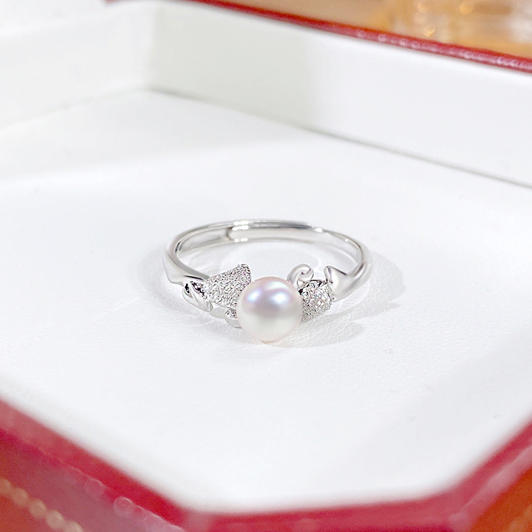 S925 Sterling Silver Freshwater Pearl Swan Ring — Adjustable