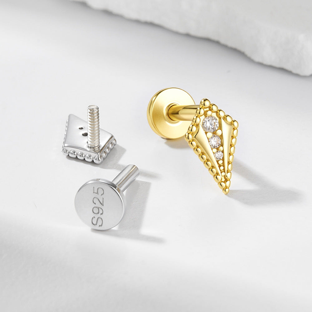 S925 Sterling Silver Stacked Geometric Zircon Inlaid Flat Head Thread Piercing Earbone Stud Earrings