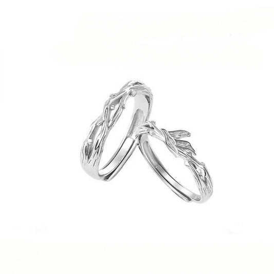 Planderful Sterling Silver Bird Couple Ring with Blue Eucalyptus Design Adjustable Gift for Him and Her