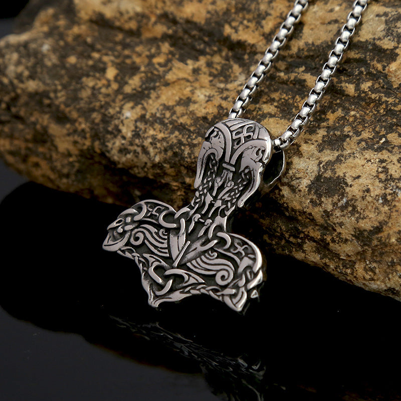 Retro Titanium Steel Odin Hammer Pendant Necklace for Men