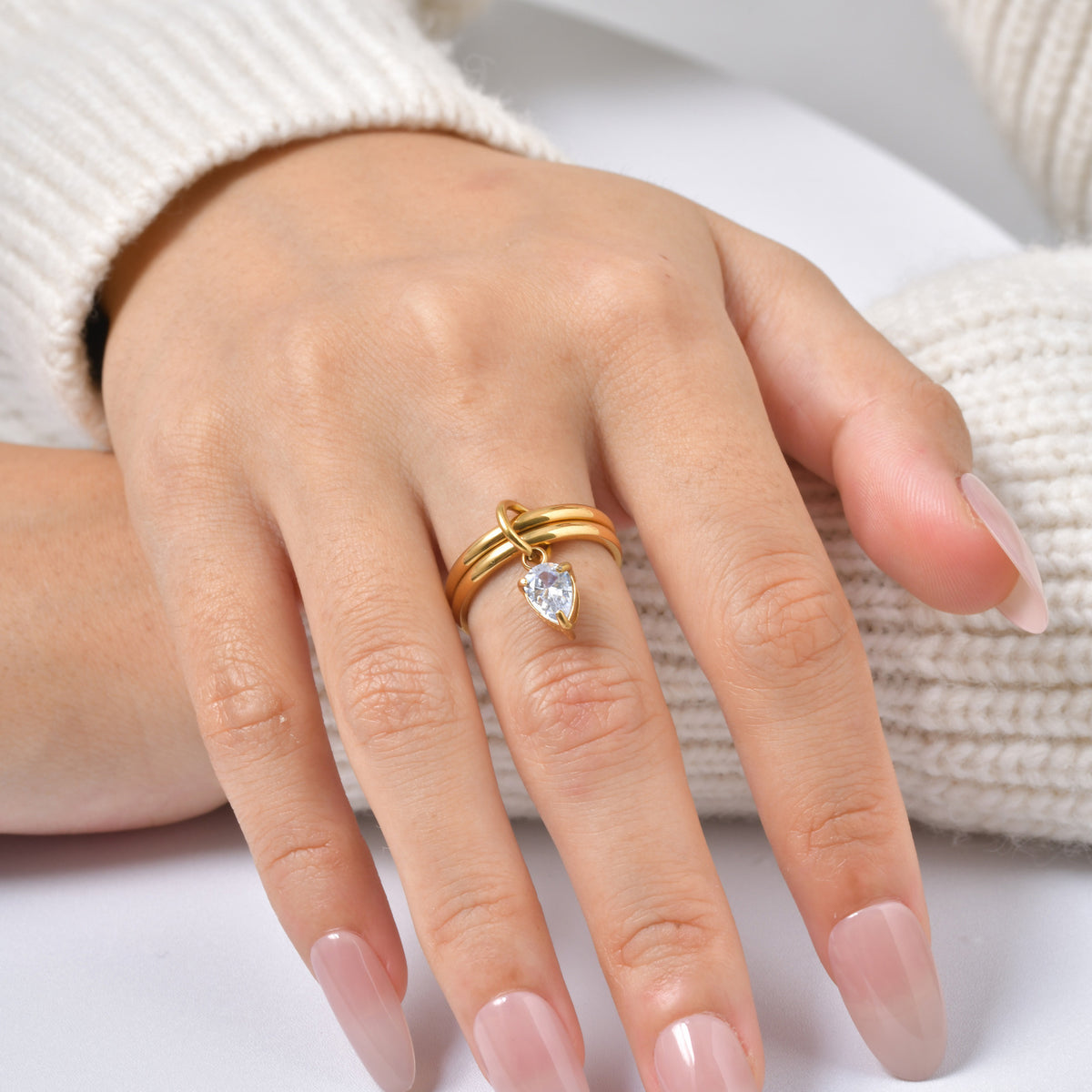 Stainless Steel Atmosphere Design Sense Girlfriend Birthday Gift Double Ring White Zircon
