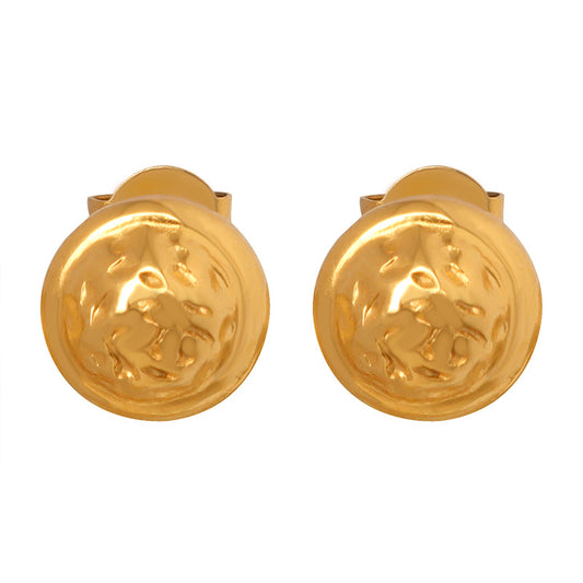 Golden Embossed Round Shield Stud Earrings - European and American Design
