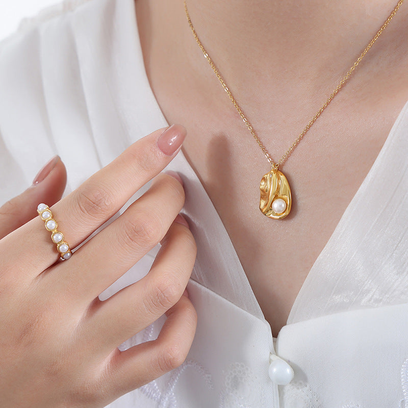 Saturn Zircon Pearl Pendant with Three-Dimensional Design Texture - Gold-Plated Titanium Steel Necklace for Women