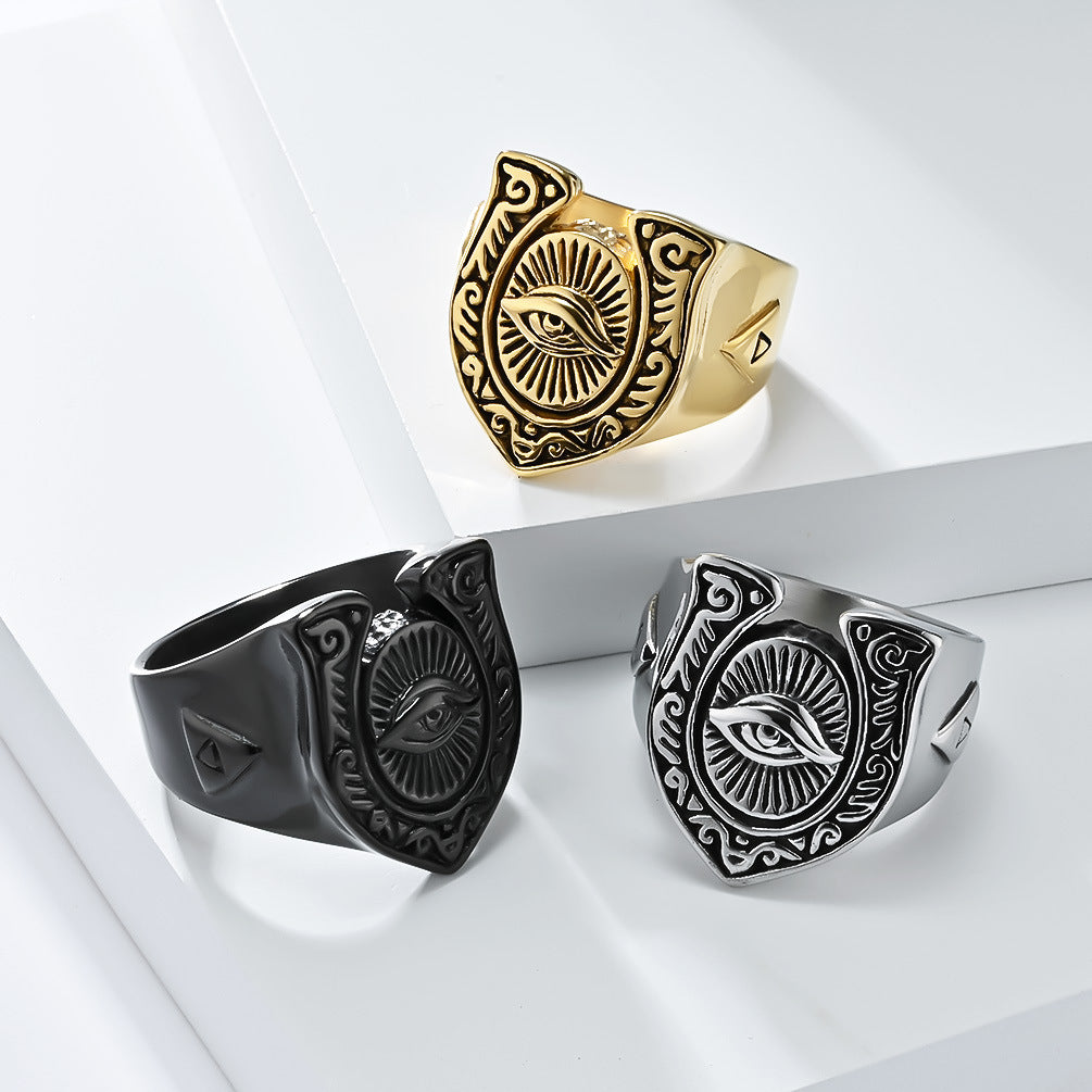 European American Retro Horseshoe Titanium Steel Ring for Men