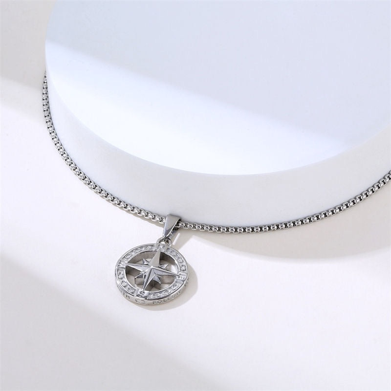 Planderful Geometric Round Compass Pendant Necklace For Men Titanium Steel Durable Everyday Wear
