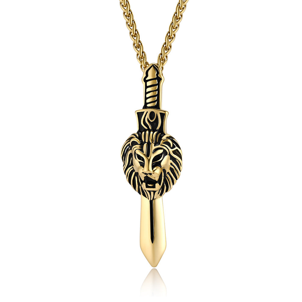 Cross-Border Retro Lion Head Longsword Necklace for Men