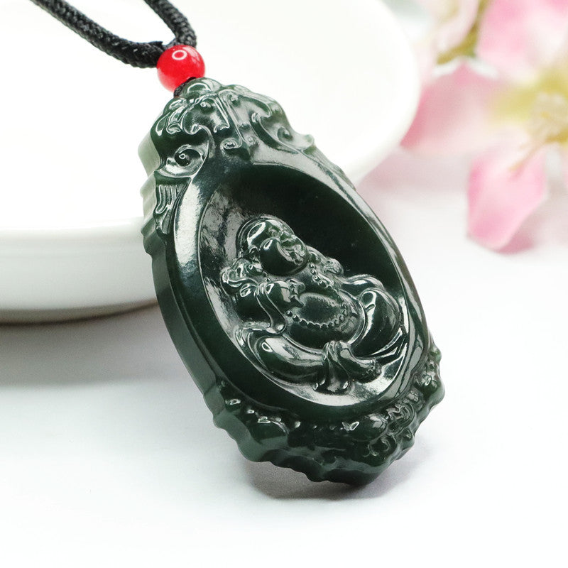 Natural Hotan Jade Jade Pendant Dark Green Oval Buddha Pendant Jewelry