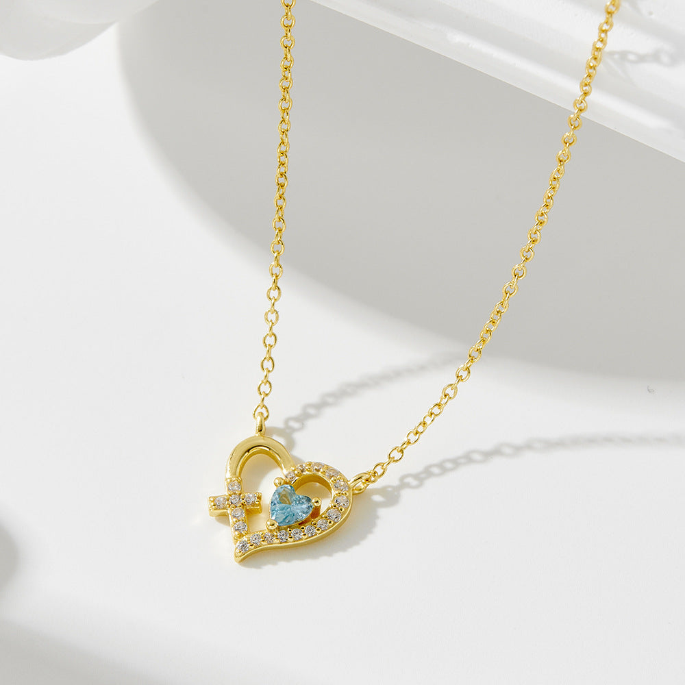 S925 Sterling Silver Hollow Cross Love Necklace Zircon Heart Pendant Necklace