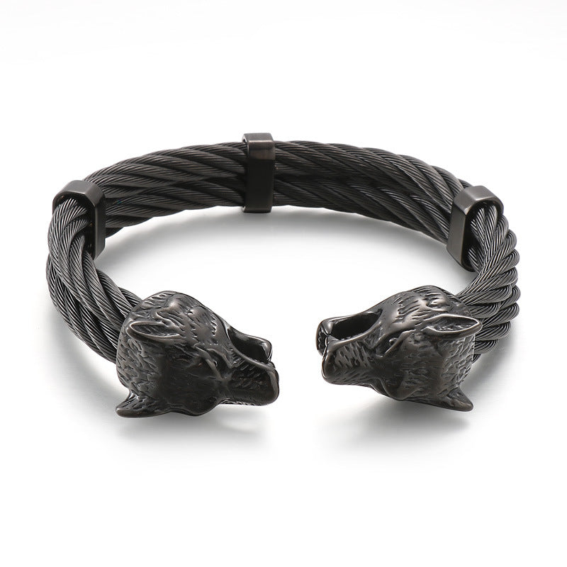 Punk Style Braided Wire – Lion Head Wolf Head Titanium Steel Men's Bracelet