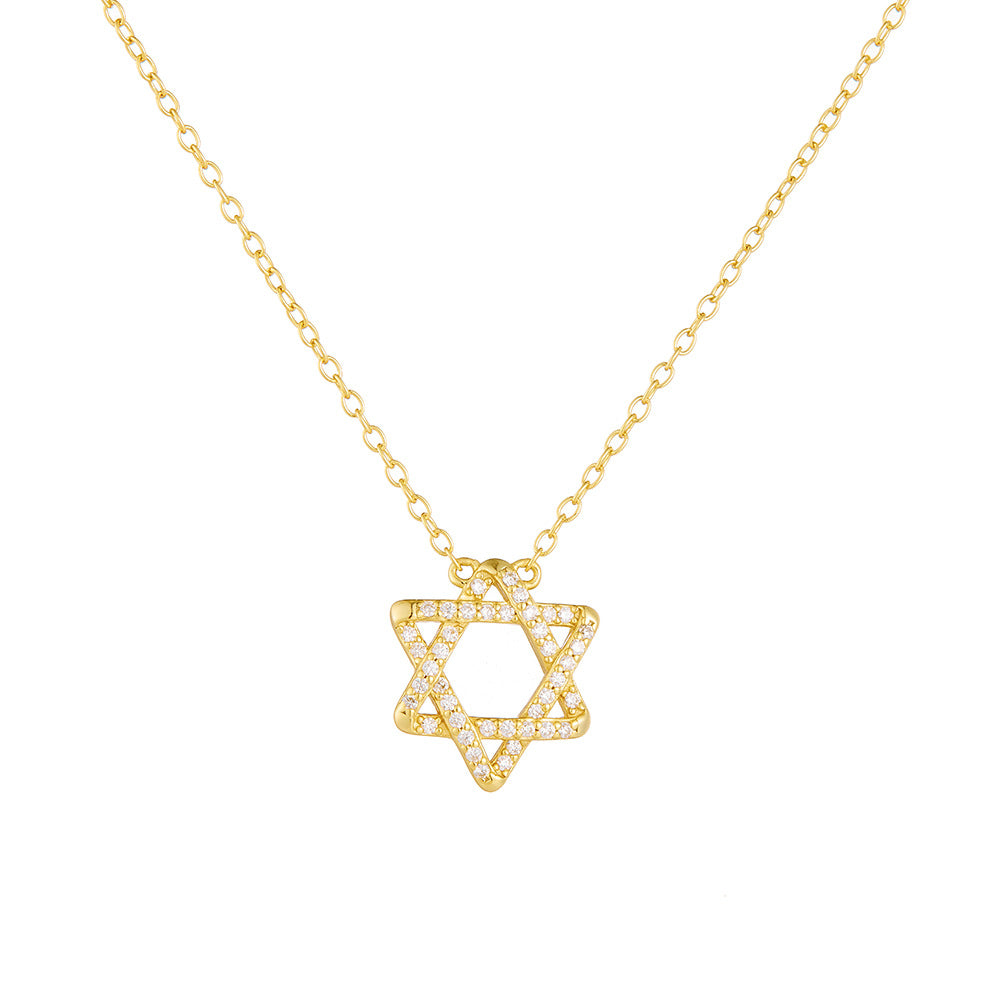 S925 Sterling Silver Hexagram Pendant Necklace Micro-Inlaid Zircon Personality Geometric Symbol