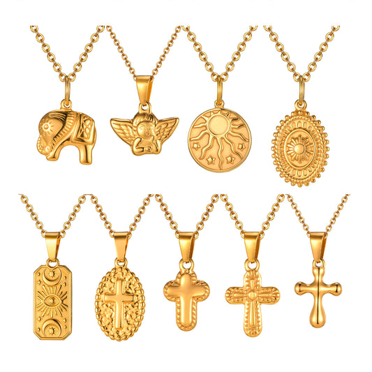 Jewelry Stainless Steel Cross Geometric Angel Pendant Gold Necklace Ladies