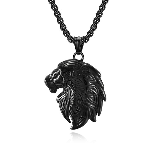 Planderful Viking Lion Head Pendant Necklace Durable Steel Triangular Knot Design For Him Bold Nordic Totem