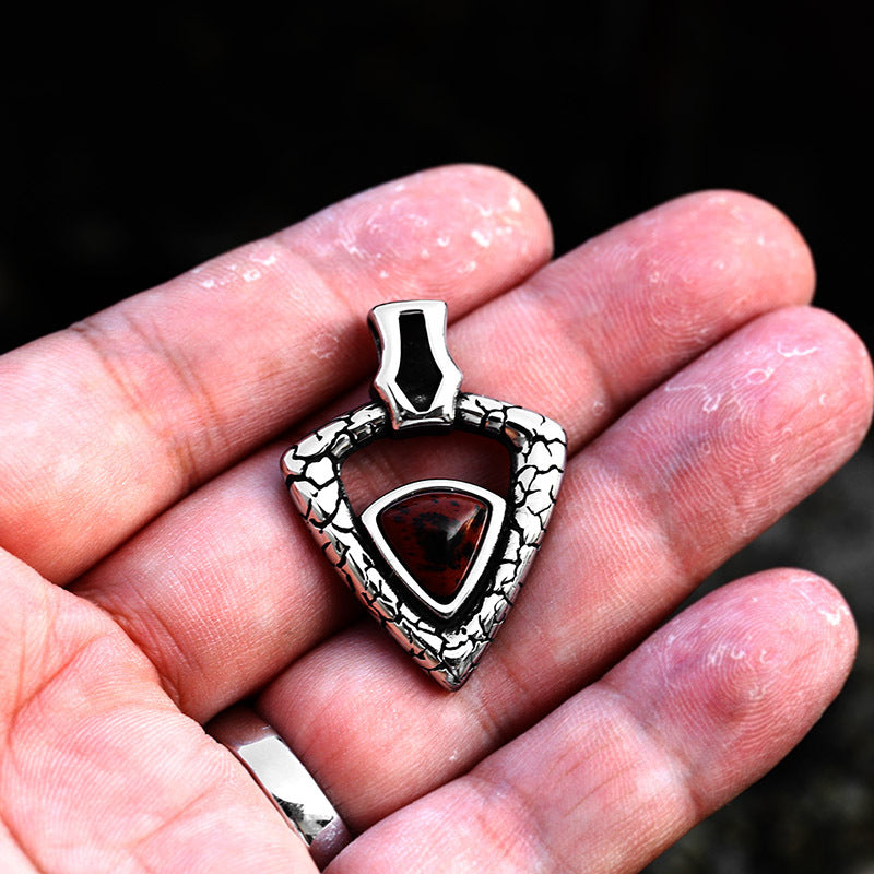 Retro Titanium Steel Serpentine Crack Triangular Pendant with Gemstone for Men
