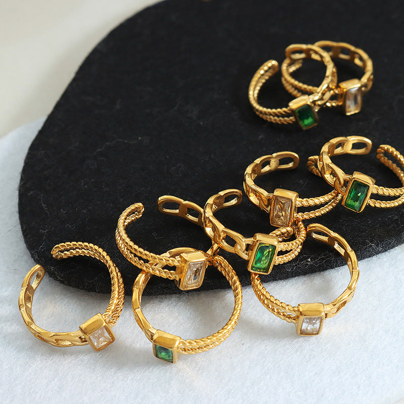 Green and White Zircon Open Ring with Korean-Inspired Design