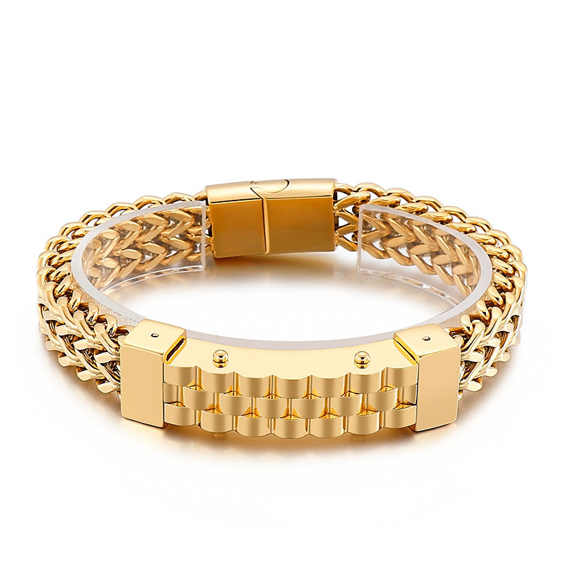Trendy Men's Hip-Hop Style 18K Gold-Plated Titanium Steel Bracelet with Front and Back Chain Design