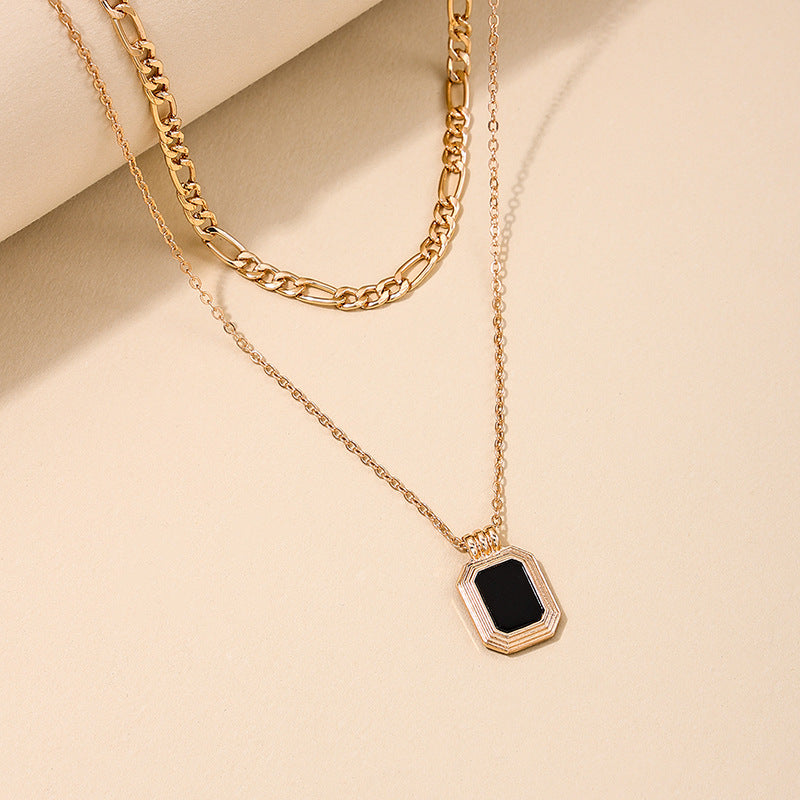 Chic Parisian Inspired Necklace with Double Pendant and Black Square Plate
