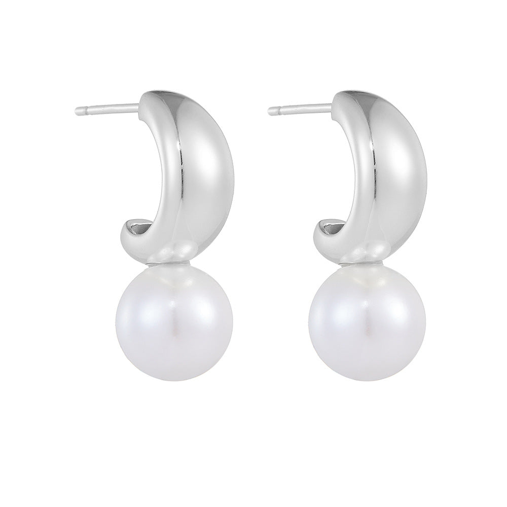 C Shaped Round Pearl Sterling Silver Drop Earrings