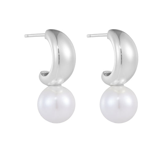 C Shaped Round Pearl Sterling Silver Drop Earrings
