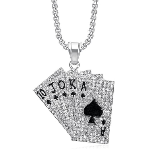 Planderful Hip Hop Jewelry Stainless Steel Gold Plated Rhinestone Playing Card Pendant Necklace For Urban Fashion Lovers