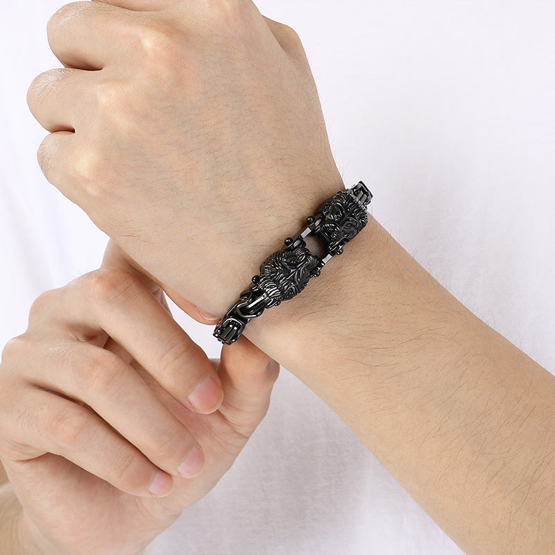 Oxidized Lion Head Emperor Chain Titanium Steel Men's Bracelet
