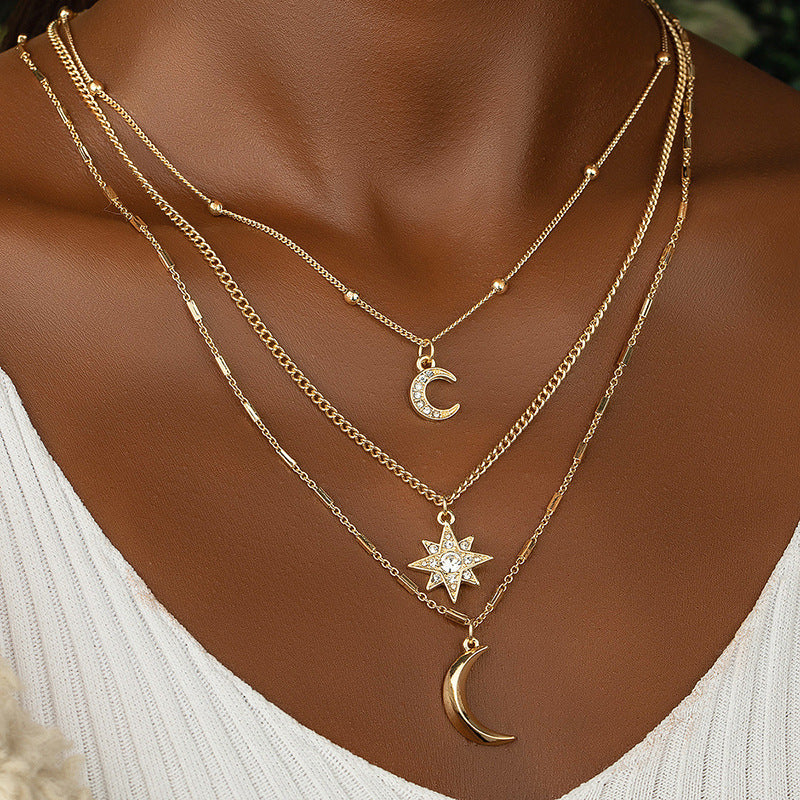 Stylish Three-Layer Star Moon Necklace - Vienna Verve Collection