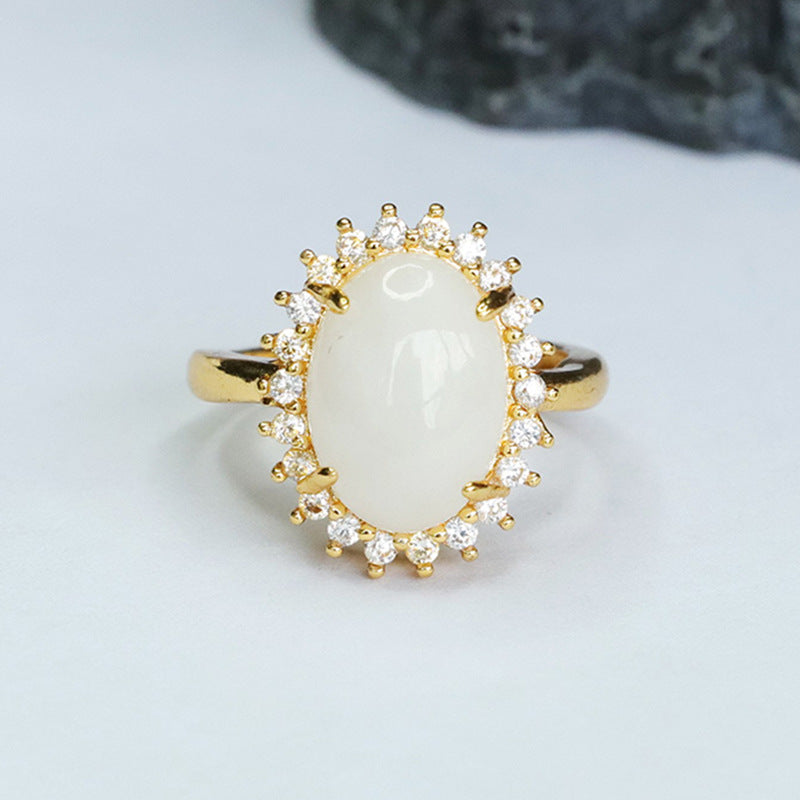 Exquisite Oval White Jade Ring with Zircon Halo