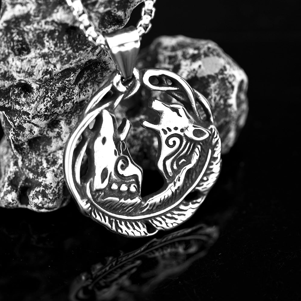 Retro Stainless Steel Men's Pendant Double Wolf Head Necklace
