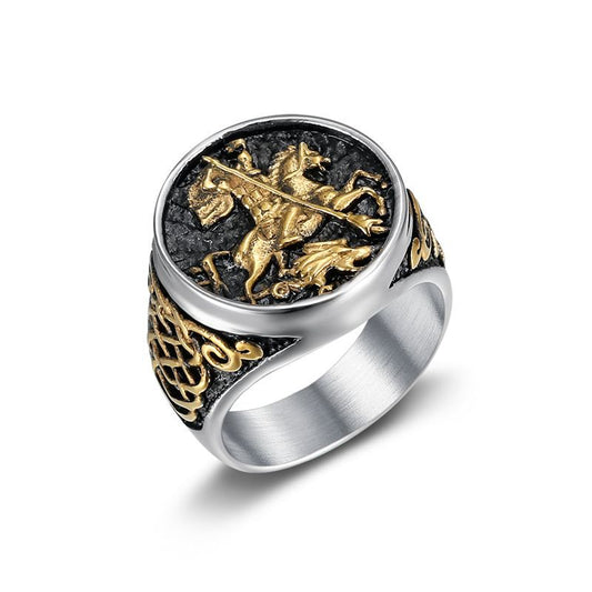 Planderful Mens St George Dragon Knight Ring Gold Plated Titanium Stainless Steel Sizes 7 13 Durable