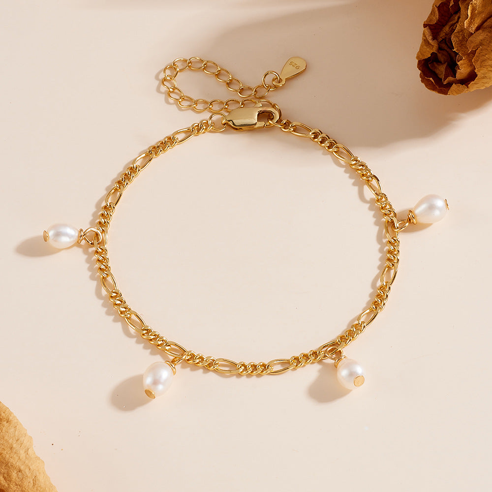 Elegant Natural Cultured Pearl Bracelet S925 Sterling Silver Plated 18k Gold