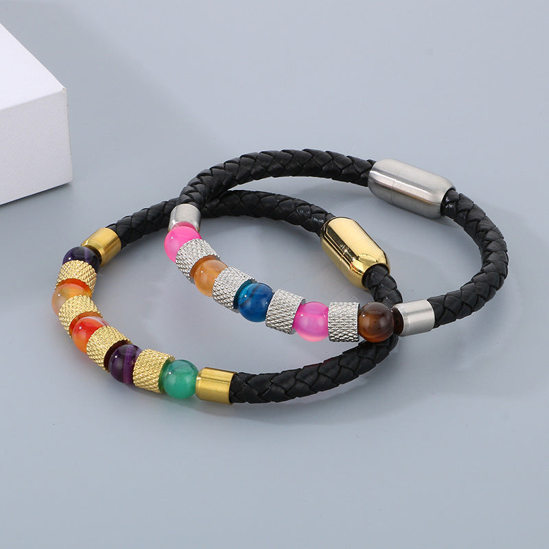 Planderful Men Magnetic Buckle Quartz Stone Leather Bracelet